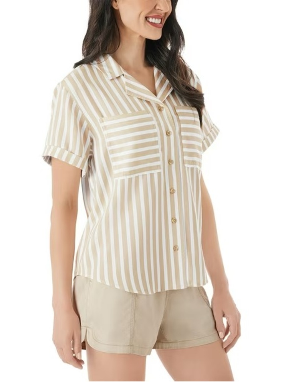 NEW Member's Mark Women's Tencel Camp Shirt Size XS Cream White Stripes Preppy